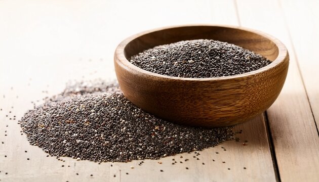 a wooden bowl overflowing with chia seeds some spilled alongside