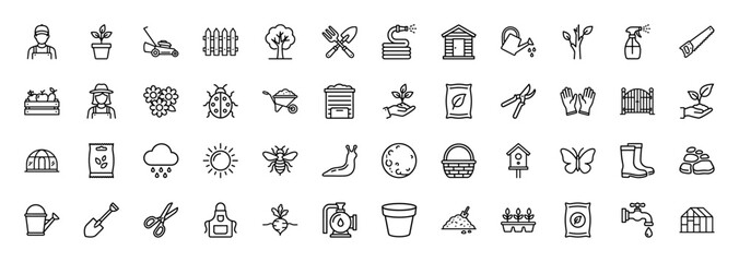 Gardening line icon set. vector pictograms of wheelbarrow, watering can, shovel, plants, and tools, thin linear illustration.