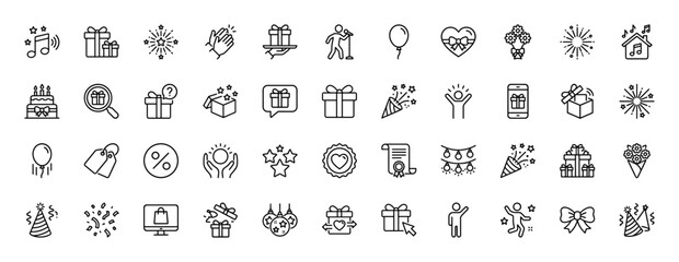 Celebration and gift line icon set. Vector pictograms of presents, balloons, confetti, fireworks, and cakes, thin linear illustration.