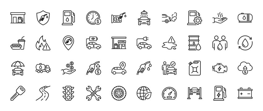 Automotive service and fuel economy line icon set. Vector pictograms of gas stations, electric vehicles, car wash, and repair tools, thin linear illustration.