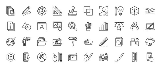 Creative design and art line icon set. Vector pictograms of pencil, ruler, paintbrush, palette, and monitor, thin linear illustration.