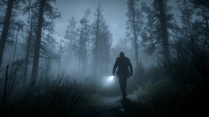 Mysterious figure walking through a foggy forest at night with a flashlight