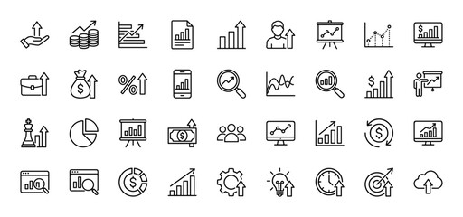Business growth and finance line icon set. Vector pictograms of chart, graph, money, investment, profit, analysis, strategy, target and success, thin linear illustration.