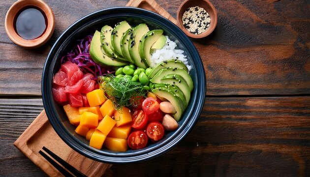 colorful poke bowl with fresh ingredients served on a rustic wooden table