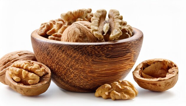 walnut halves and shelled walnuts in a wooden bowl on a white background