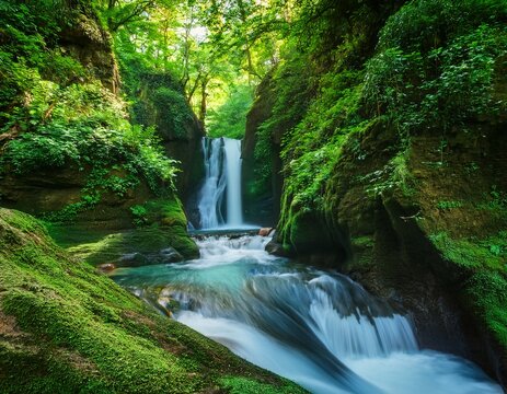 peaceful waterfall in lush green gorge - Powered by Adobe