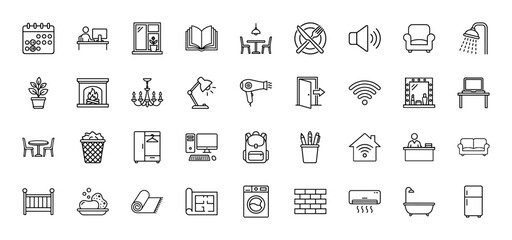 Interior design and household line icon set. Vector pictograms of furniture, appliance, armchair, lamp, window, door, kitchen, bathroom, thin linear illustration.