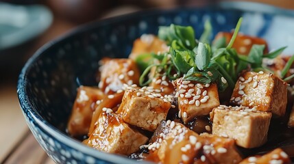 Delicious tofu dish served in a bowl with sesame seeds and fresh herbs at a cozy dining setting