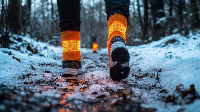 Walking on a snowy trail in winter with bright, colorful socks on a chilly evening with warm light glowing in the background - Powered by Adobe