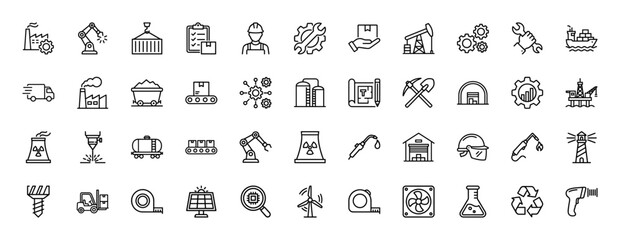 Industrial and manufacturing line icon set. Vector pictograms of forklift, factory, crane, wind turbine, and oil rig, thin linear illustration.