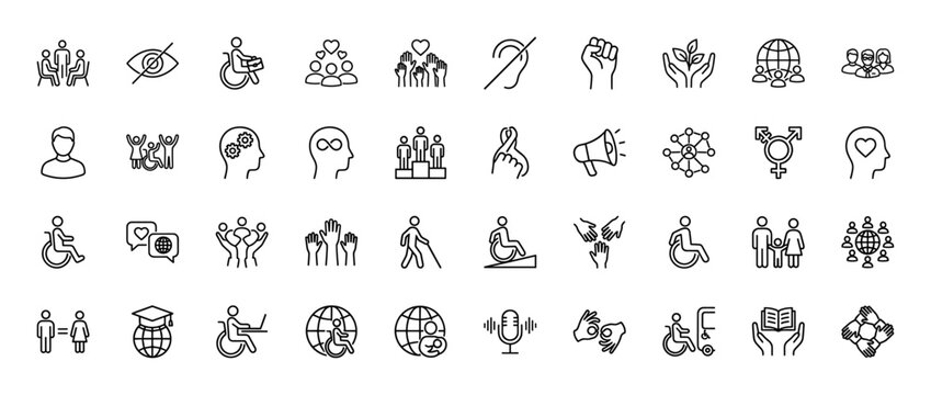 Accessibility and inclusion line icon set. Vector pictograms of wheelchair, sign language, blind, deaf, ramp, braille, gender equality and family, thin linear illustration.