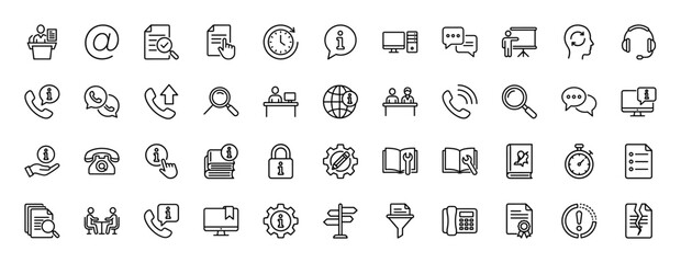 Customer support and information service line icon set. Vector pictograms of call center, headset, document, and computer, thin linear illustration.