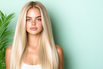 Naklejka premium Glamorous Blonde Supermodel in Copyspace, Exuding Confidence and Elegance with Perfect Makeup and Luscious Long Hair