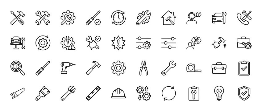 Technical repair and maintenance services line icon set. Vector pictograms of tools, settings, and automotive care, thin linear illustration.