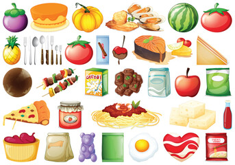 A large collection of colorful vector illustrations featuring various food items, meals, and ingredients on a white background.