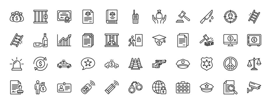 Law and justice line icon set. Vector pictograms of handcuffs, gavel, sheriff badge, thief, prison, police car, siren, gun and court documents, thin linear illustration.