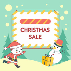 Christmas sale shopping banner with Santa snowman gift and winter landscape for holiday promotion poster header and online advertising design .