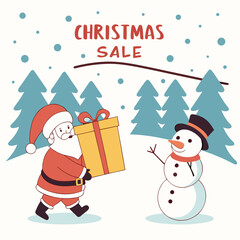 Christmas sale shopping banner with Santa snowman gift and winter landscape for holiday promotion poster header and online advertising design .