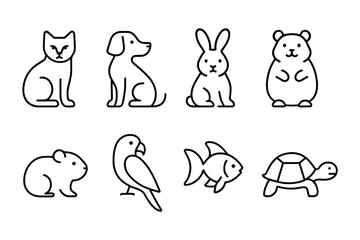 Fototapeta premium Minimal pet animal icon set. Dog, cat, rabbit, hamster, fish, turtle and bird for kids, vet and pet care projects. Vector illustration.