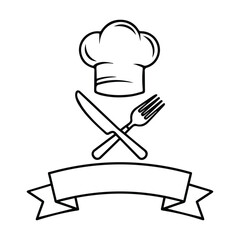 Chef Hat and Cutlery Line Art Logo with Blank Ribbon Banner