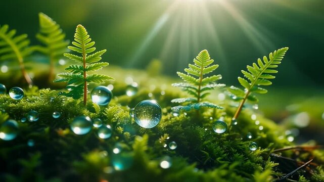 Morning dew caught shimmering on vibrant green moss as soft sunlight touches tiny ferns