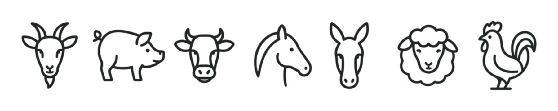 Farm animal head icons collection. Goat, cow, pig, horse, donkey, sheep and rooster for agriculture and food industry projects. Vector illustration.