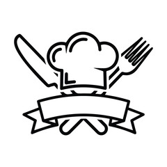 Chef Hat Logo with Knife, Fork, and Ribbon Banner in Line Art Style