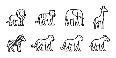 Naklejka premium Wild African animal icon set. Lion, tiger, elephant, giraffe, zebra, cheetah and hyena for safari, zoo and wildlife projects. Vector illustration.