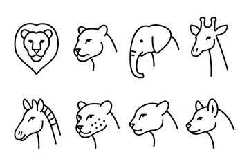 Naklejka premium Wild animal head icon collection. Lion, elephant, giraffe, cheetah, zebra and hyena for safari, zoo and wildlife projects. Vector illustration.