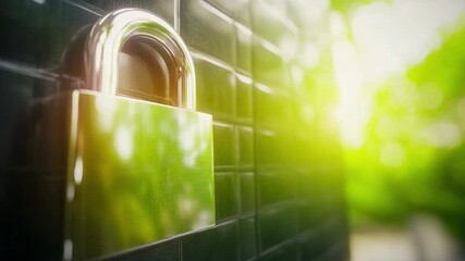Secured Sanctuary: A close-up showcases a shiny padlock securing a dark gate, symbolizing safety and protection against the backdrop of vibrant green foliage.