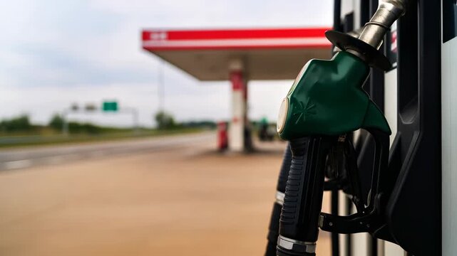 Gas station on highway with fuel nozzles in foregound, a place to refill vehicle with gas or gasoline, fuel and energy concept.