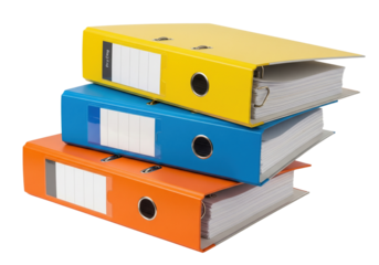 Transparent floor with stacked, solid-colored folders and document files in yellow, blue, and orange. Office and archive.