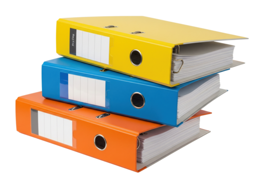 Transparent floor with stacked, solid-colored folders and document files in yellow, blue, and orange. Office and archive.