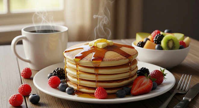 Delicious Stack of Fluffy Pancakes with Maple Syrup, Fresh Berries, and Hot Coffee