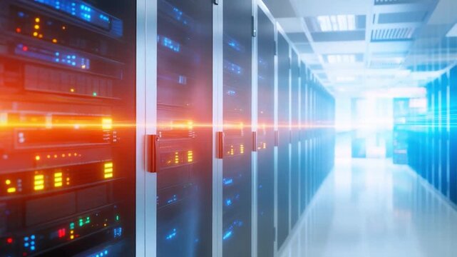 Network's Digital Labyrinth: Witness a high-tech server room ablaze with the pulse of innovation, where racks of powerful computers stand as sentinels, safeguarding the flow of data.