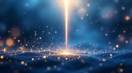 Abstract vertical light beam hitting dark blue sand with golden sparks. Energy explosion and magic dust background