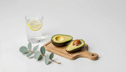 A clean, white countertop with a small wooden cutting board holding a halved avocado and a glass of clear water with a lemon slice. A single stem of eucalyptus lies beside it.