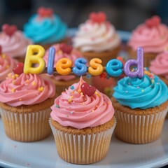 Blessed text candles inserted in colorful frosted cupcakes arranged for celebration