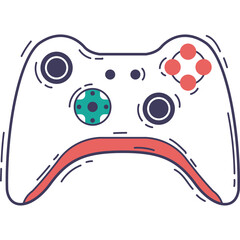 White video game controller with teal and coral accents and a dark blue outline on a transparent background representing digital entertainment and gaming technology