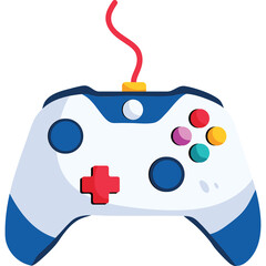 White Video Game Controller With Blue Accents And Red Cord Displayed On A Transparent Background