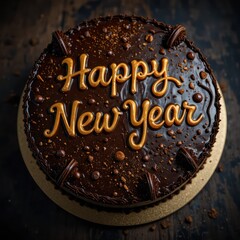 Happy New Year message written on chocolate cake topped with golden sprinkles festive