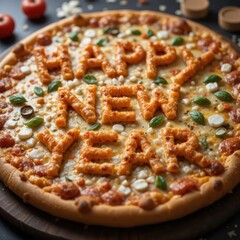 Happy New Year lettering baked onto pizza crust topped with vegetables and cheese