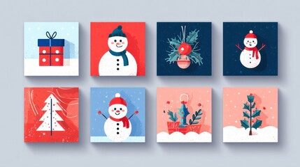 Fototapeta premium Collection of holiday cards with decorations, created in cartoon flat style