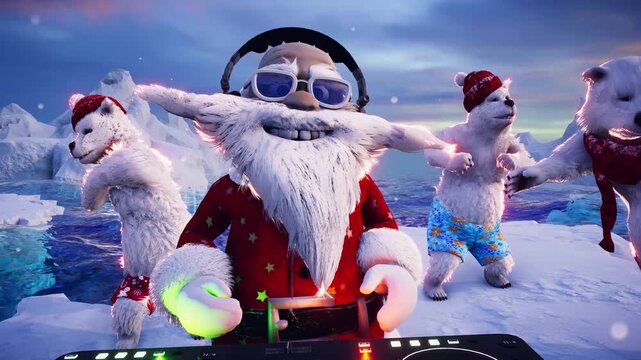 Funny 3D animation - Santa DJ and polar bears dancing on a snowy ice floe among icebergs at the North Pole. Perfect for holiday events and New Year fun.