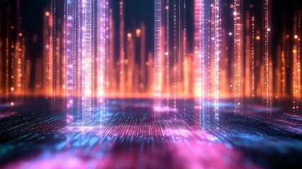Futuristic digital landscape with vertical light beams in vibrant colors. Low-angle view creates depth, ideal for a tech-themed video backdrop. Live desktop wallpaper. - Powered by Adobe