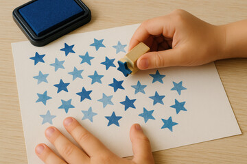 Creative Stamping: Capturing a moment of artistic expression as a child engages in creative play, applying a blue star-shaped stamp onto a plain paper, crafting unique design. 