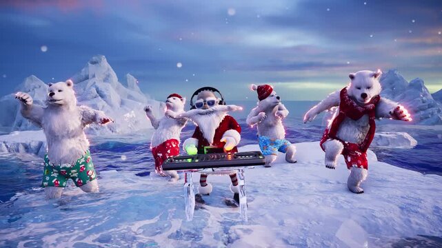 Funny 3D animation - Santa DJ and polar bears dancing on a snowy ice floe among icebergs at the North Pole. Perfect for holiday events and New Year fun.