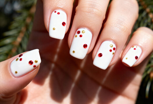 Festive holiday manicure with white polish. Close-up of a woman's hand with red and gold rhinestone nail art. Elegant Christmas party style - Powered by Adobe