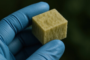 Rockwool Cube in Hand: A detailed view of a rockwool cube, held delicately in a gloved hand, showcasing its unique texture and shape, likely for use in hydroponics. 