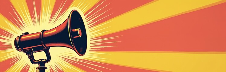 Retro megaphone illustration with sunburst. Great for ads posters. Modern design evokes vintage comms. Loudspeaker with radial pattern in yellow, coral makes bold statement on bright background with